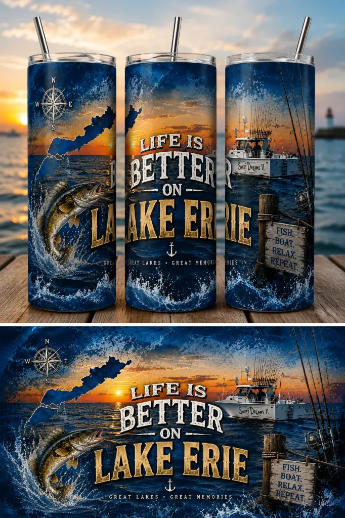 Lake Erie Fishing Tumbler – 20 oz Skinny Tumbler