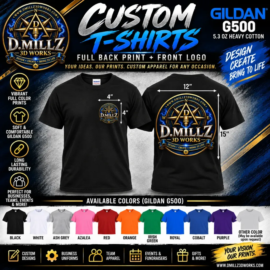 Custom Tee with Front Logo and Full Print Back (Small, Black, Left Chest)